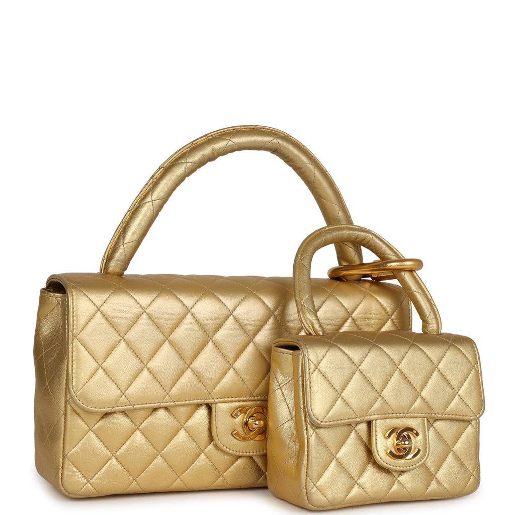 Vintage Chanel Kelly Parent And Child Flap Bag Set Gold Metallic Lambs –  Madison Avenue Couture