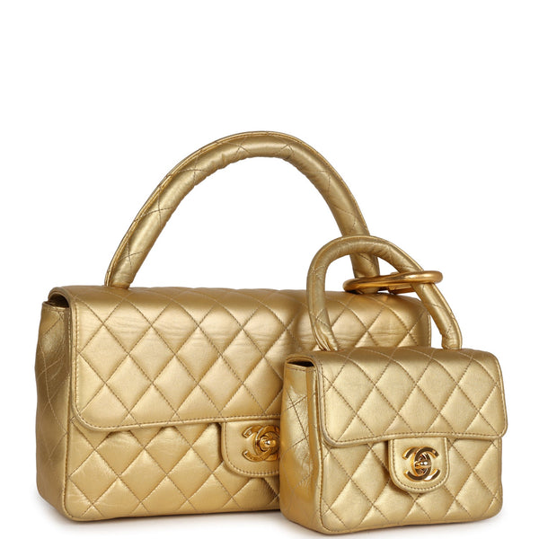 Vintage Chanel Kelly Parent and Child Flap Bag Set Brown Lambskin Gold  Hardware