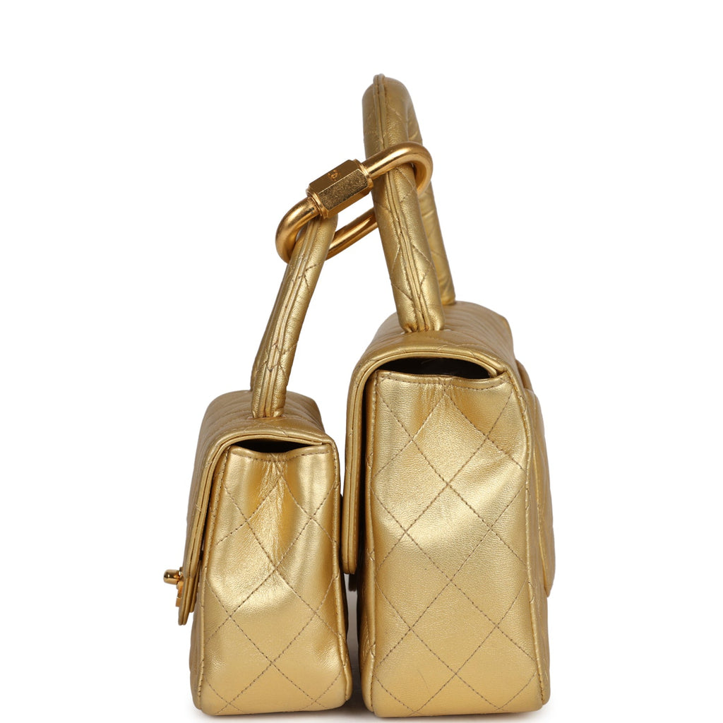 Vintage Chanel Kelly Parent and Child Flap Bag Set Gold Metallic