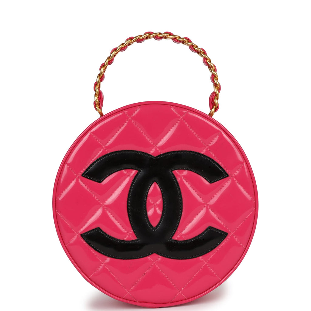 Vintage Chanel Round Vanity Bag Pink and Black Patent Leather Antique –  Madison Avenue Couture