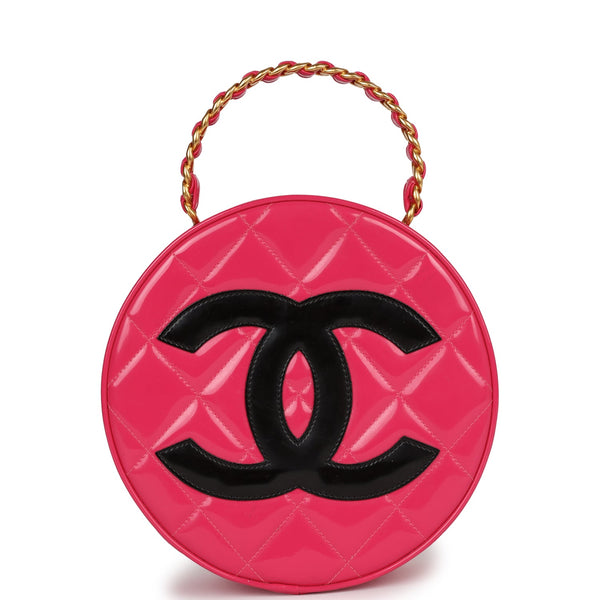 Vintage Chanel Round Vanity Bag Pink and Black Patent Leather