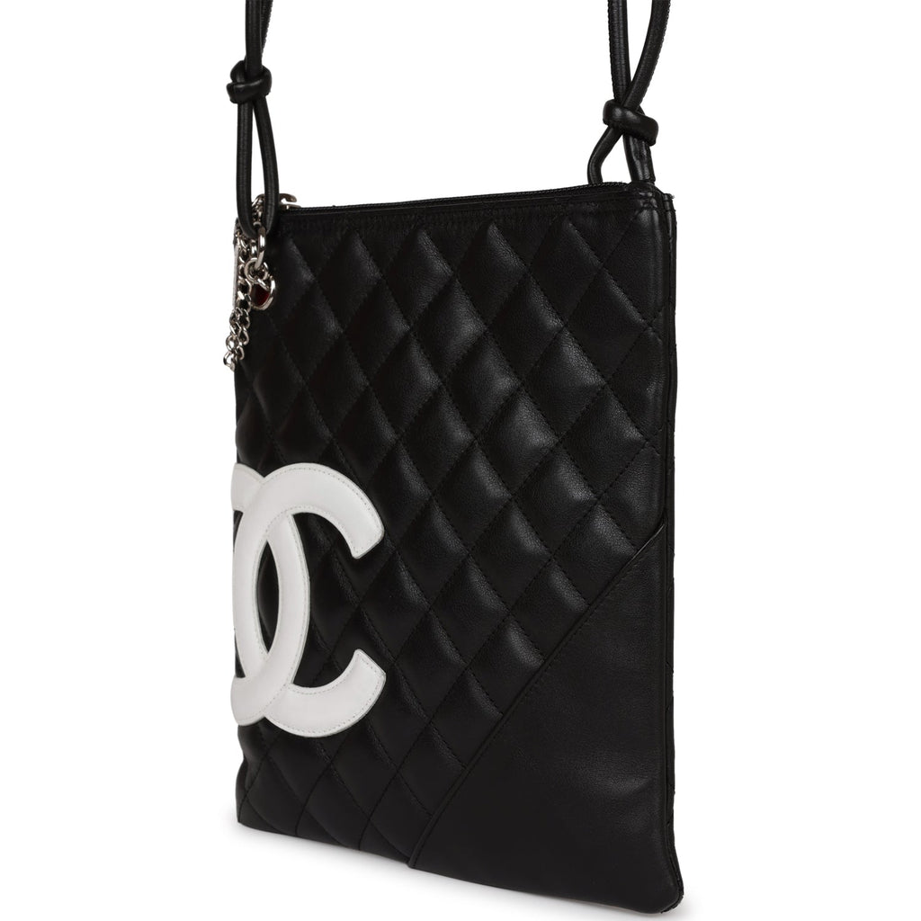 Vintage Chanel Cambon Flat Messenger Black and White Lambskin