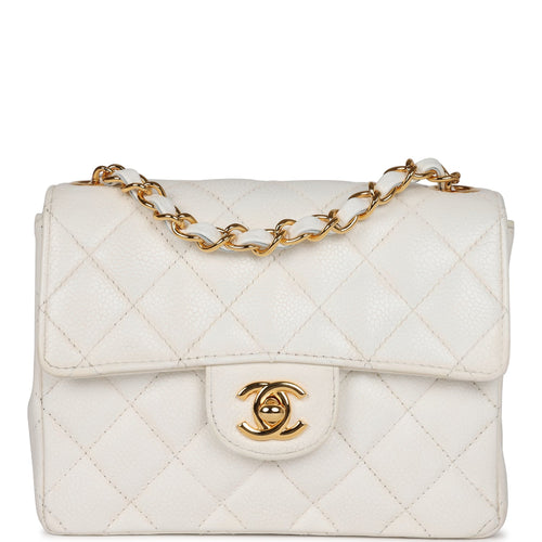 Vintage Chanel Mini Square Flap White Caviar Gold Hardware