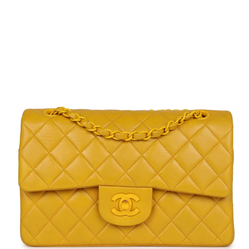 Chanel Vintage Yellow Lambskin Small Classic Double Flap Yellow