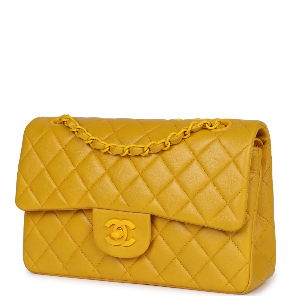 Chanel Vintage Yellow Lambskin Small Classic Double Flap Yellow