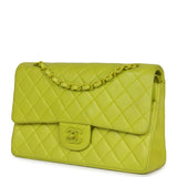 Vintage Chanel Medium Classic Double Flap Lime Green Lambskin Green Hardware