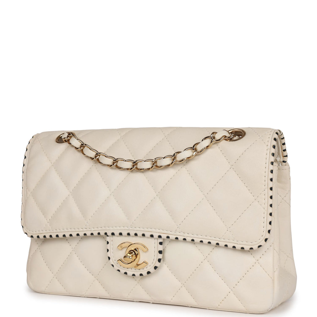 Vintage Chanel Medium Single Flap Bag White Lambskin Gold Hardware
