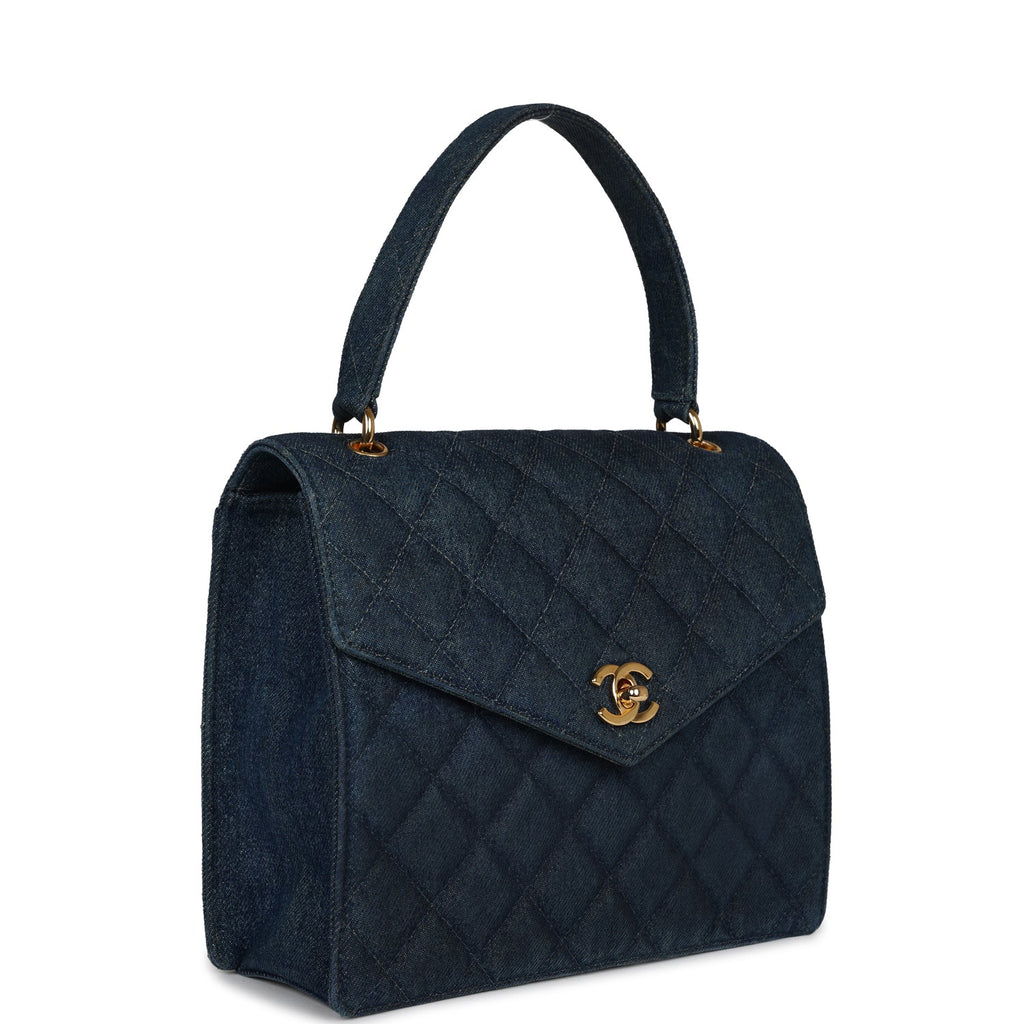 Vintage Chanel Envelope Flap Top Handle Handbag Dark Blue Denim Gold H –  Madison Avenue Couture