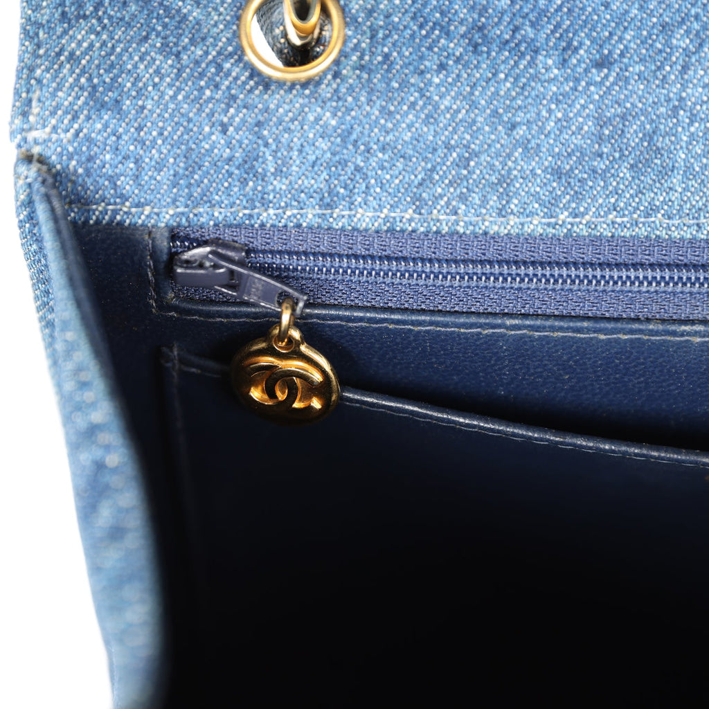 Vintage Chanel Envelope Flap Top Handle Handbag Dark Blue Denim Gold H –  Madison Avenue Couture
