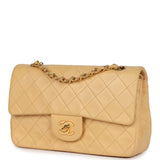 Vintage Chanel Small Classic Double Flap Beige Lambskin Gold Hardware