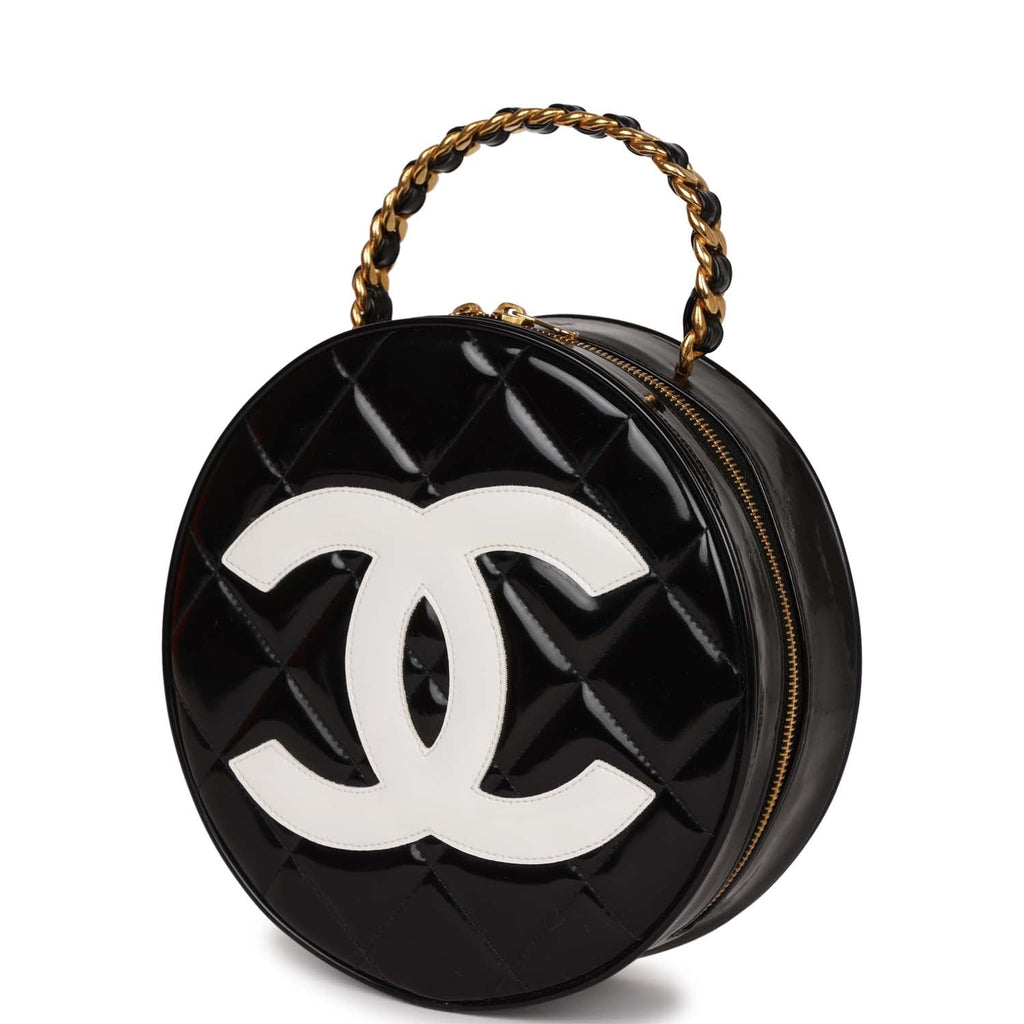 Vintage Chanel Round Vanity Bag Black and White Patent Leather Antique –  Madison Avenue Couture
