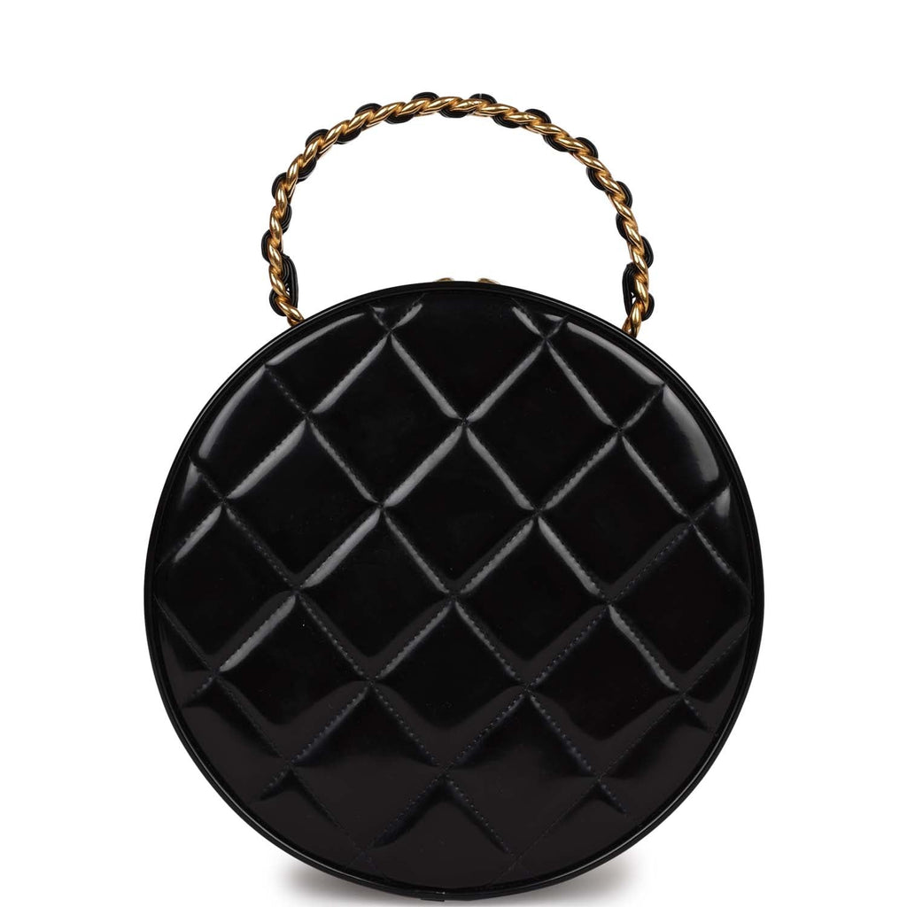 Vintage Chanel Round Vanity Bag Beige and Black Patent Leather Antique Gold  Hardware