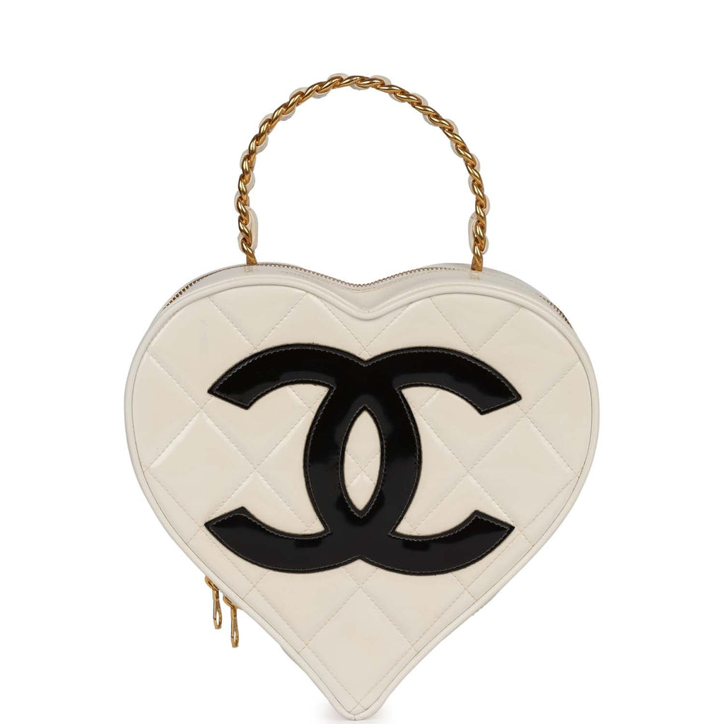 Vintage Chanel Heart Vanity Bag White and Black Patent Antique Gold Hardware
