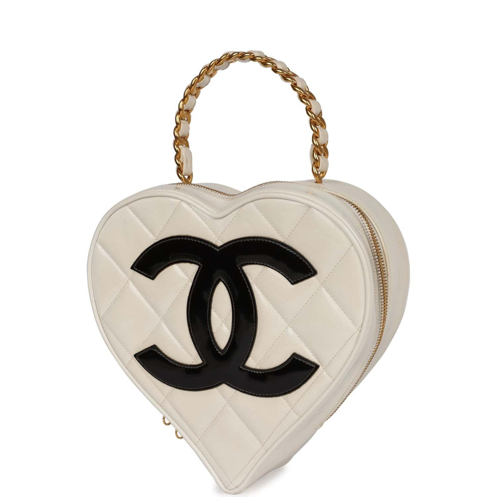 Vintage Chanel Heart Vanity Bag White and Black Patent Antique Gold Ha –  Madison Avenue Couture
