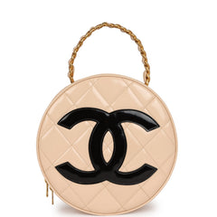 Vintage Chanel Round Vanity Bag Beige and Black Patent Leather Antique Gold Hardware