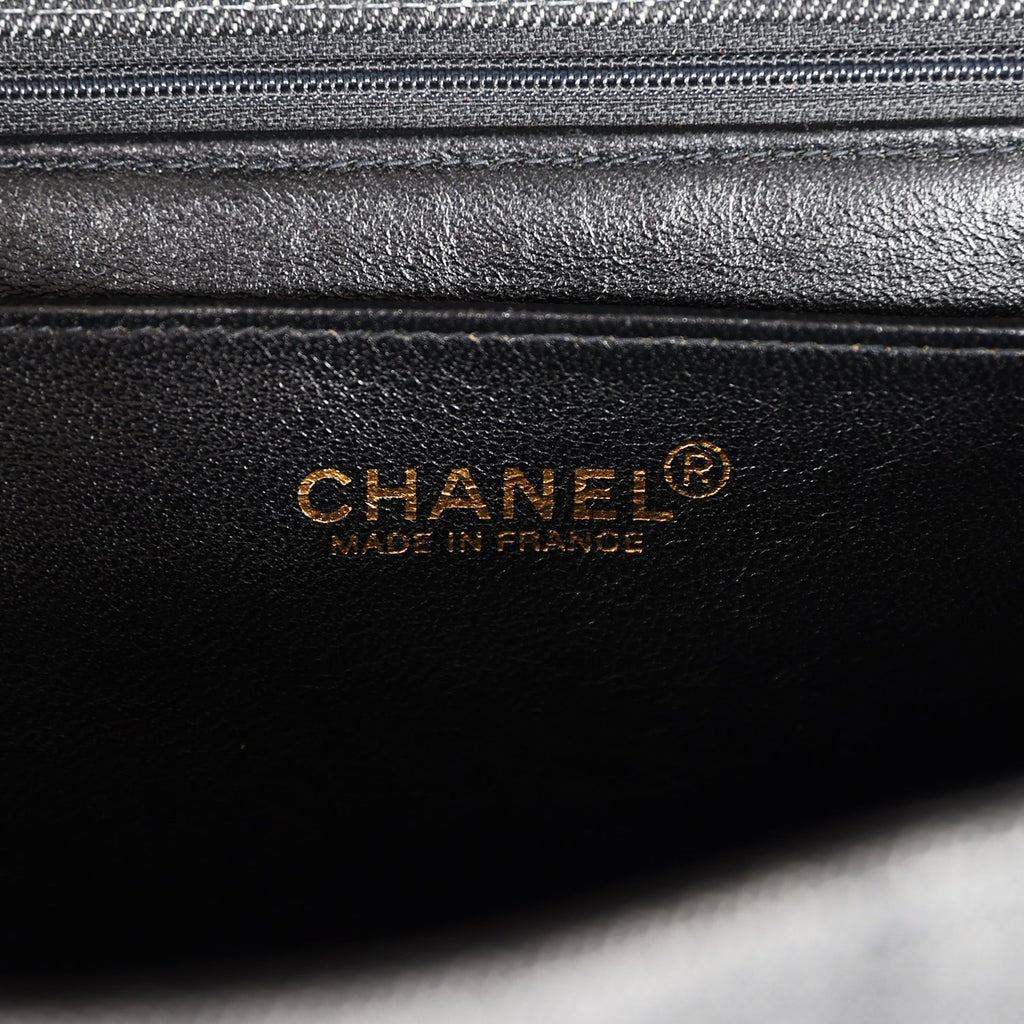 Vintage Chanel Kelly Top Handle Bag Black Denim Gold Hardware