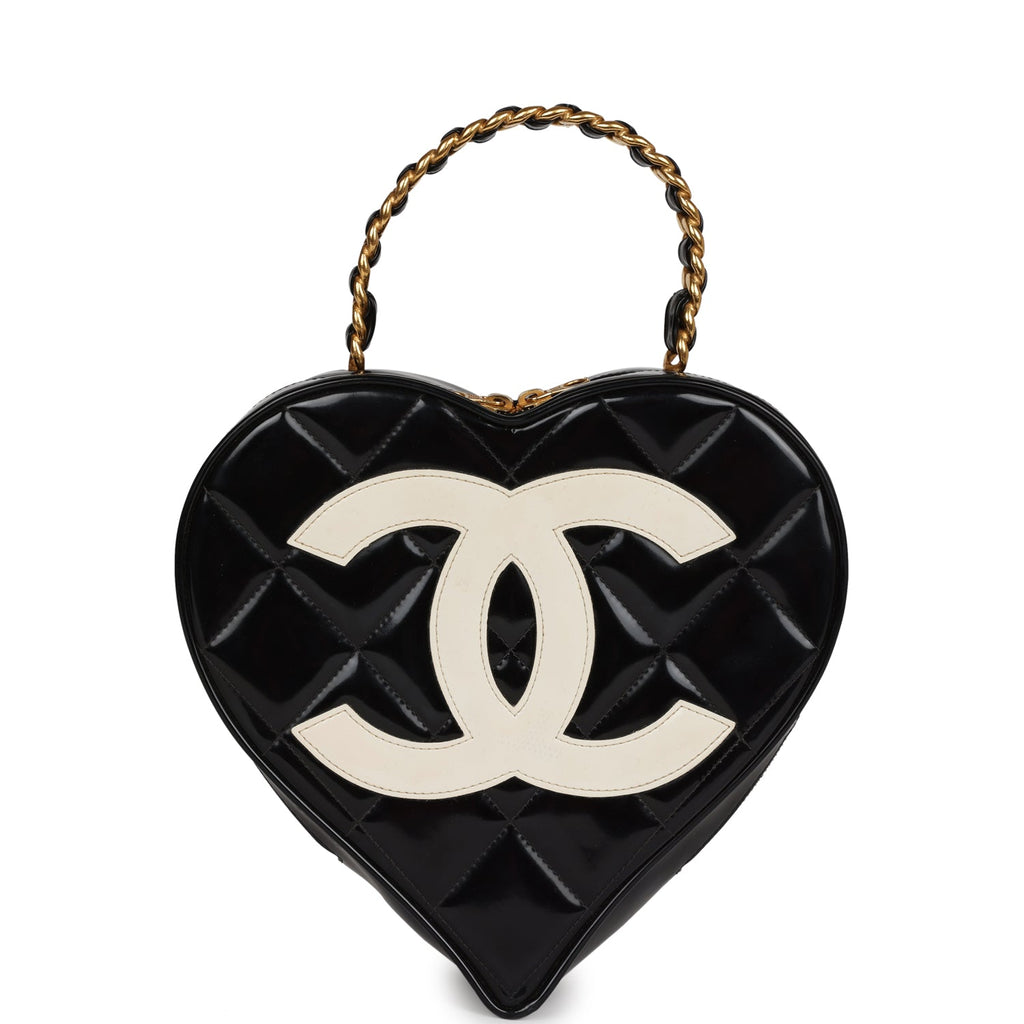 Vintage Chanel Heart Vanity Bag Black and White Patent Antique