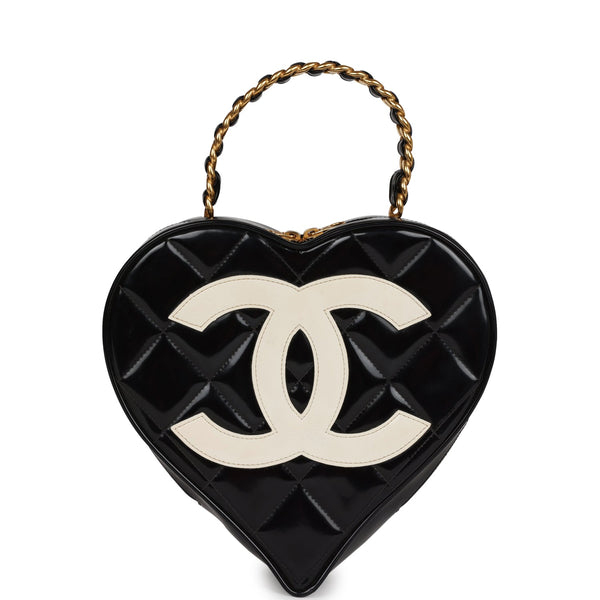 Vintage Chanel Heart Vanity Bag Black and White Patent Antique Gold Hardware