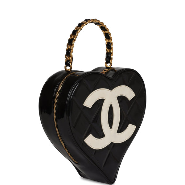 Vintage Chanel Heart Vanity Bag Black and White Patent Antique Gold Ha – Madison  Avenue Couture