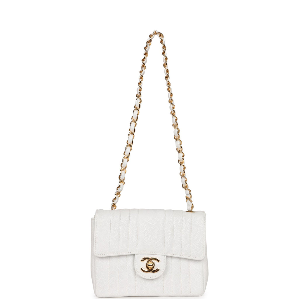 Vintage Chanel Mini Square Flap Vertical Stripe White Caviar Gold Hard –  Madison Avenue Couture