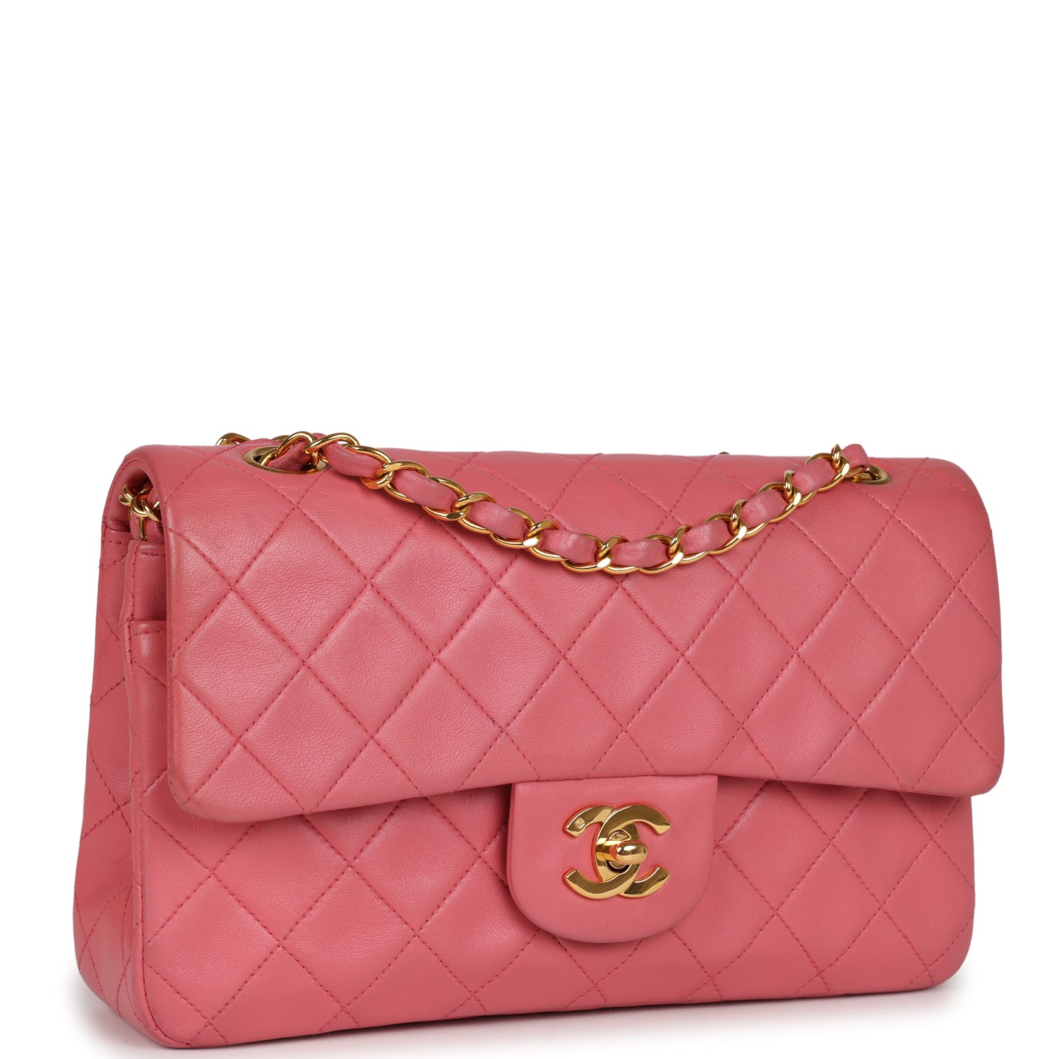 Vintage Chanel Small Classic Double Flap Bag Dark Pink Lambskin Gold H