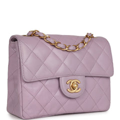 Vintage Chanel Mini Square Flap Bag Light Purple Lambskin Matte Gold Hardware