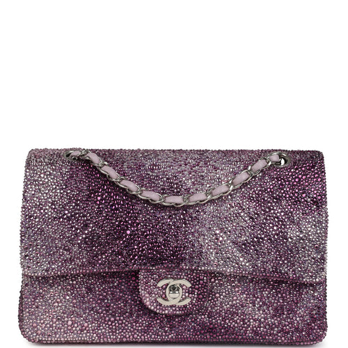 Custom Swarovski Crystal Vintage Chanel Medium Classic Double Flap Purple Lambskin Silver Hardware