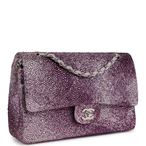Custom Swarovski Crystal Vintage Chanel Medium Classic Double Flap Purple Lambskin Silver Hardware