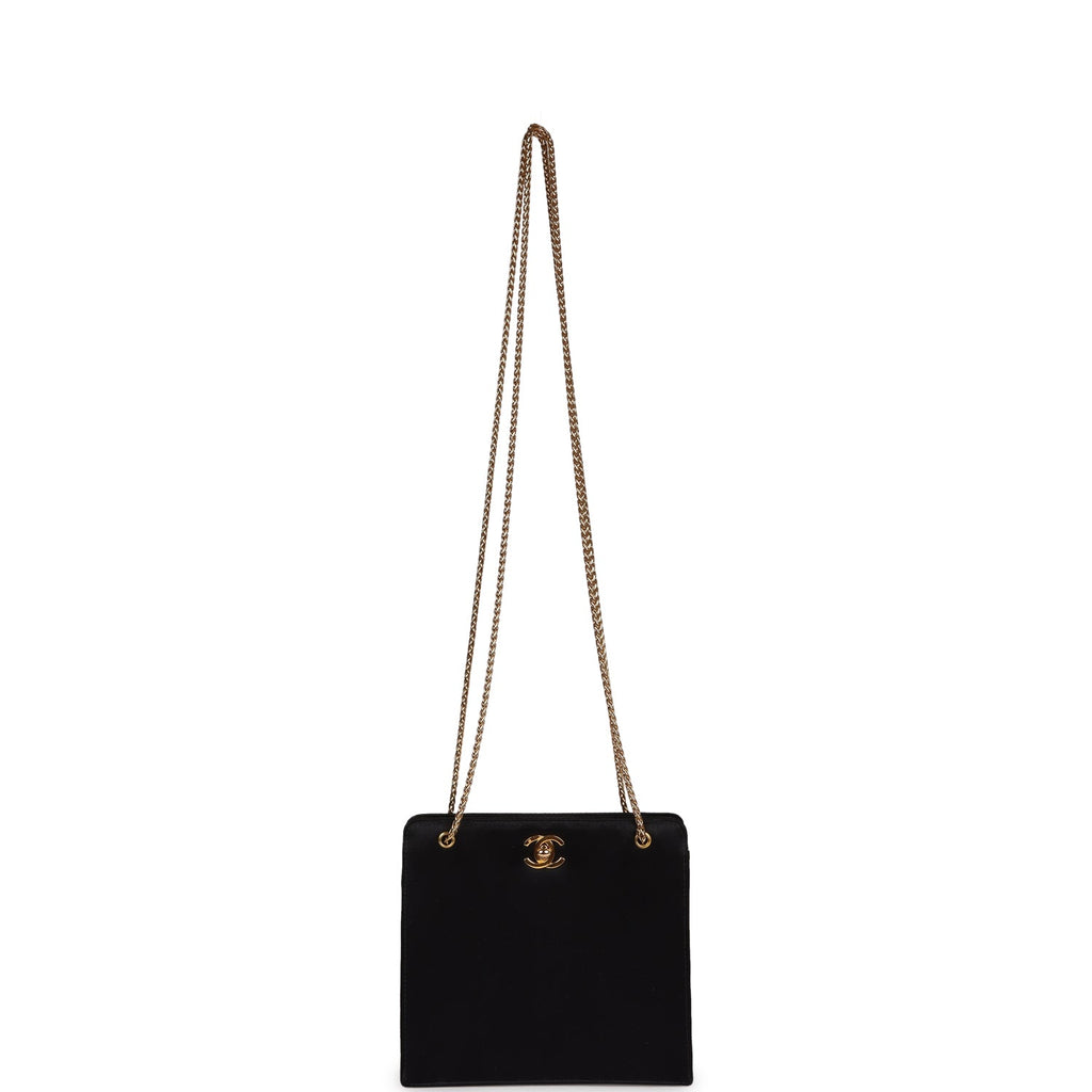 Vintage Chanel Square Shoulder Bag Black Satin Gold Hardware