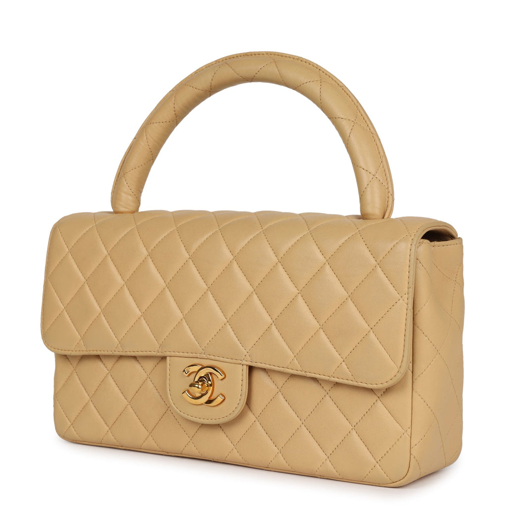 Vintage Chanel Kelly Parent Flap Bag Beige Lambskin Gold Hardware