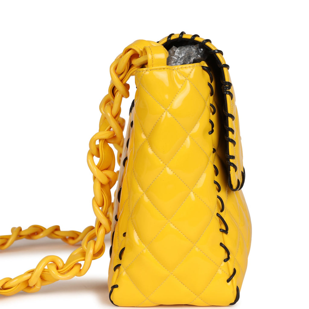 Vintage Chanel XL Jumbo Stitch Flap Bag Yellow Patent Leather Yellow Acrylic Hardware