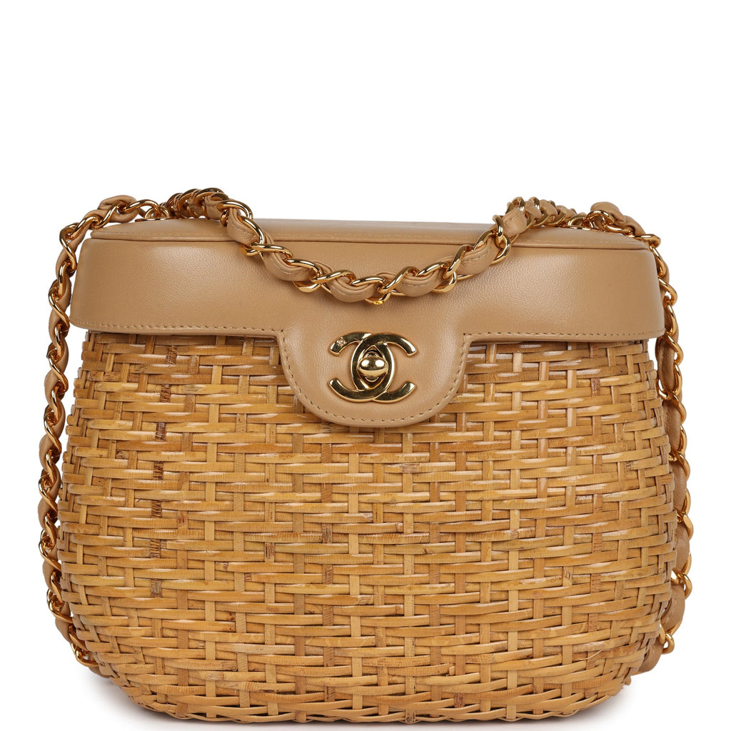 Vintage Chanel Basket Bag Beige Lambskin and Rattan Wicker Gold