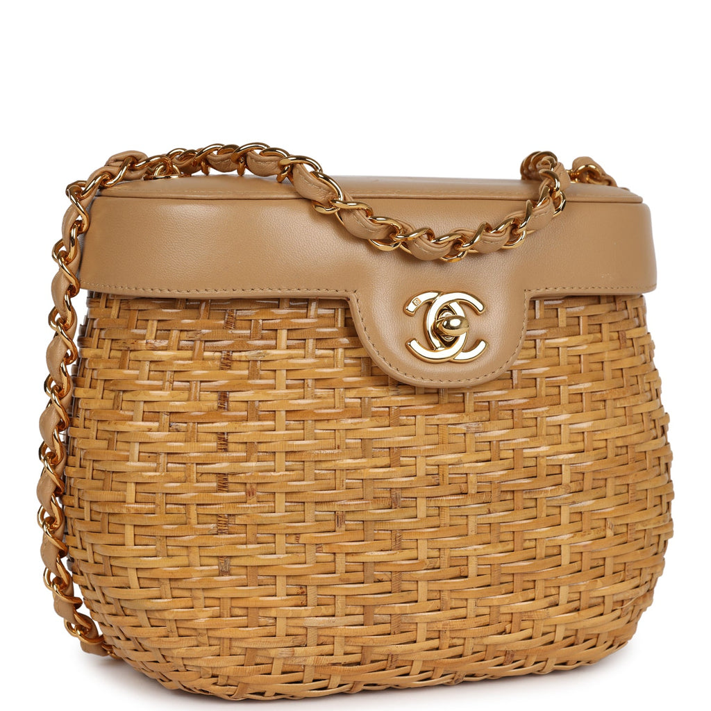 Vintage Chanel Basket Bag Beige Lambskin and Rattan Wicker Gold