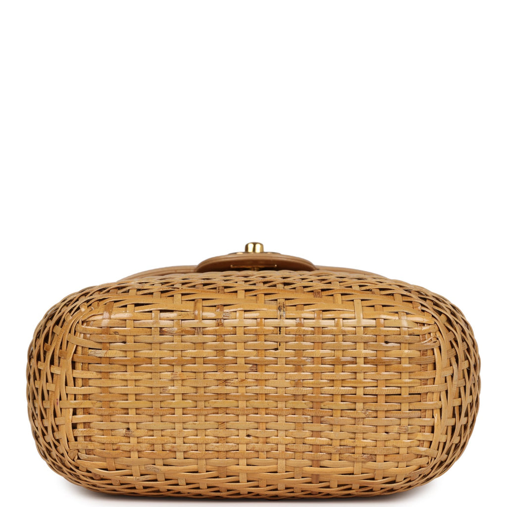 Vintage Chanel Basket Bag Beige Lambskin and Rattan Wicker Gold Hardware