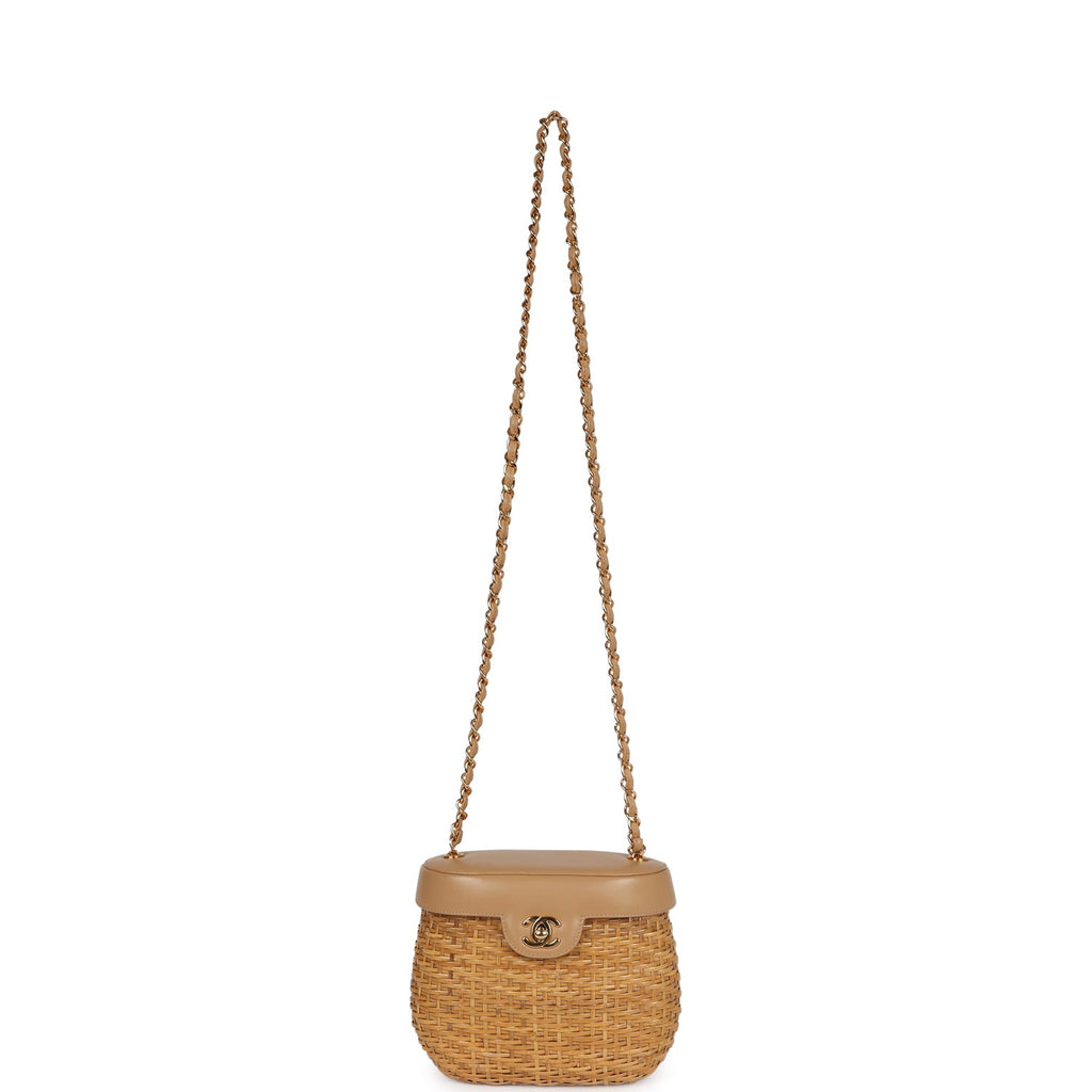Vintage Chanel Basket Bag Beige Lambskin and Rattan Wicker Gold Hardware