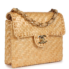 Vintage Chanel Mini Flap Bag Natural Wicker Gold Hardware
