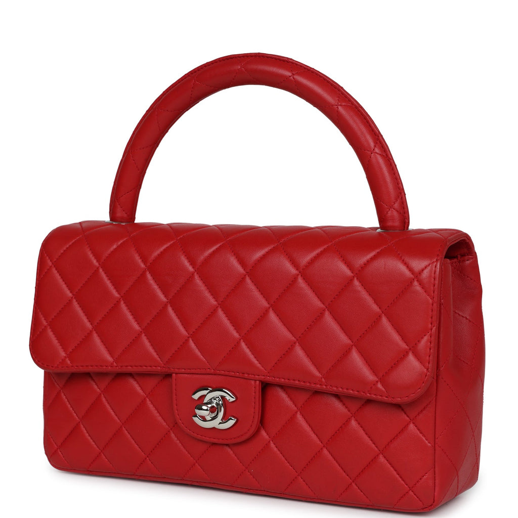 Vintage Chanel Kelly Parent Flap Bag Red Lambskin Silver Hardware