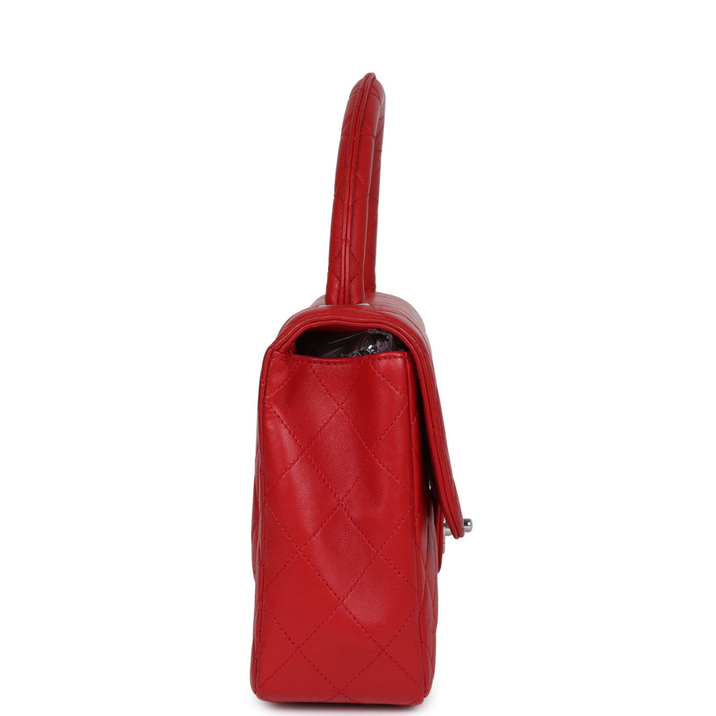 Vintage Chanel Kelly Parent Flap Bag Red Lambskin Silver Hardware