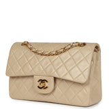 Vintage Chanel Small Classic Double Flap Beige Lambskin Gold Hardware