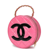 Vintage Chanel Round Vanity Bag Pink and Black Patent Leather Antique Gold Hardware