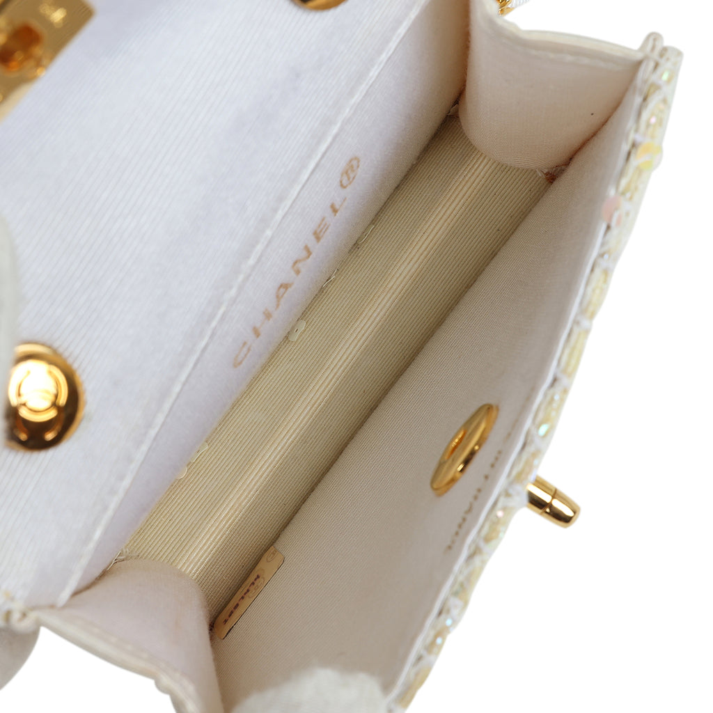 Vintage Chanel Micro Half Flap Iridescent Ivory Sequin Gold Hardware
