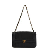 Vintage Chanel Vertical Border Flap Bag Black Linen and Lambskin Gold Hardware