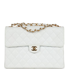 Vintage Chanel Classic Jumbo Single Flap Bag White Caviar Gold Hardware
