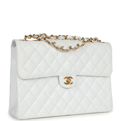 Vintage Chanel Classic Jumbo Single Flap Bag White Caviar Gold Hardware