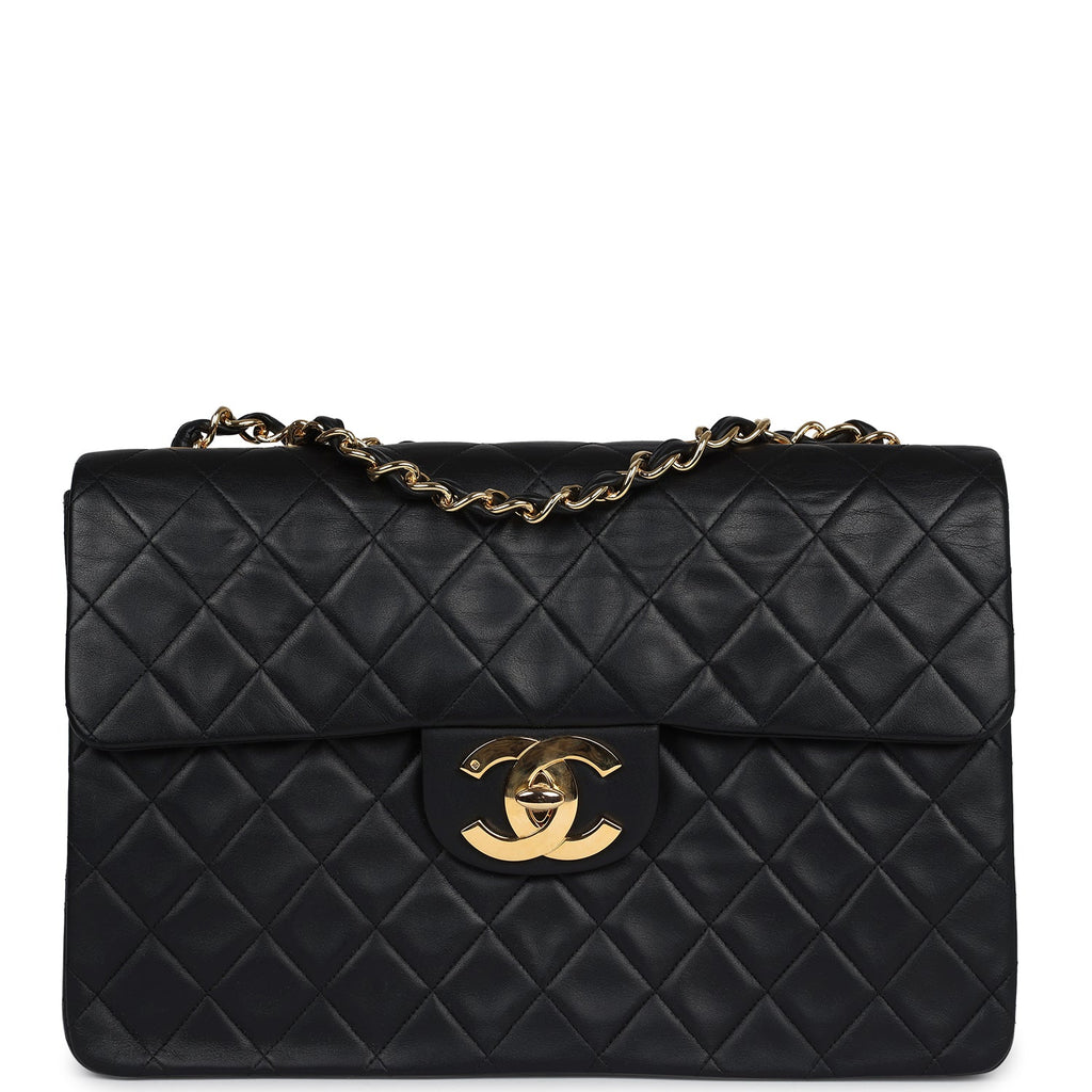 Vintage Chanel XL Maxi Classic Flap Bag Black Lambskin Gold Hardware