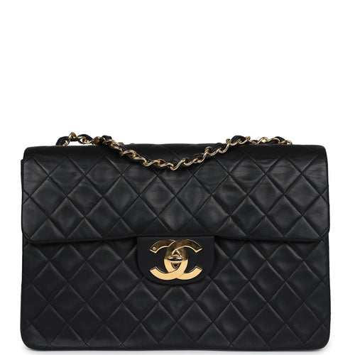 Vintage Chanel XL Maxi Classic Flap Bag Black Lambskin Gold Hardware