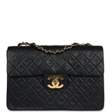 Vintage Chanel XL Jumbo Maxi Flap Bag Black Lambskin Gold Hardware