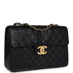 Vintage Chanel XL Maxi Classic Flap Bag Black Lambskin Gold Hardware