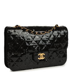 Vintage Chanel Small Flap Bag Black Sequin Gold Hardware