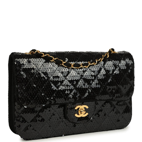 Vintage Chanel Small Flap Bag Black Sequin Gold Hardware
